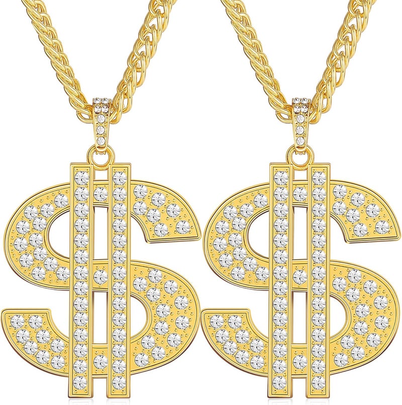 ROMASS 2 Pcs Dollar Necklace for Men,Gold/Silver Plated Chain for Men with Dollar Sign Pendant Necklaces, 80/90s Hip Hop Dollar Necklace Halloween Gifts - Image 1